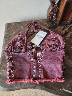 NWT Outcast Selenite red denim corset top with lace up front and zipper back.